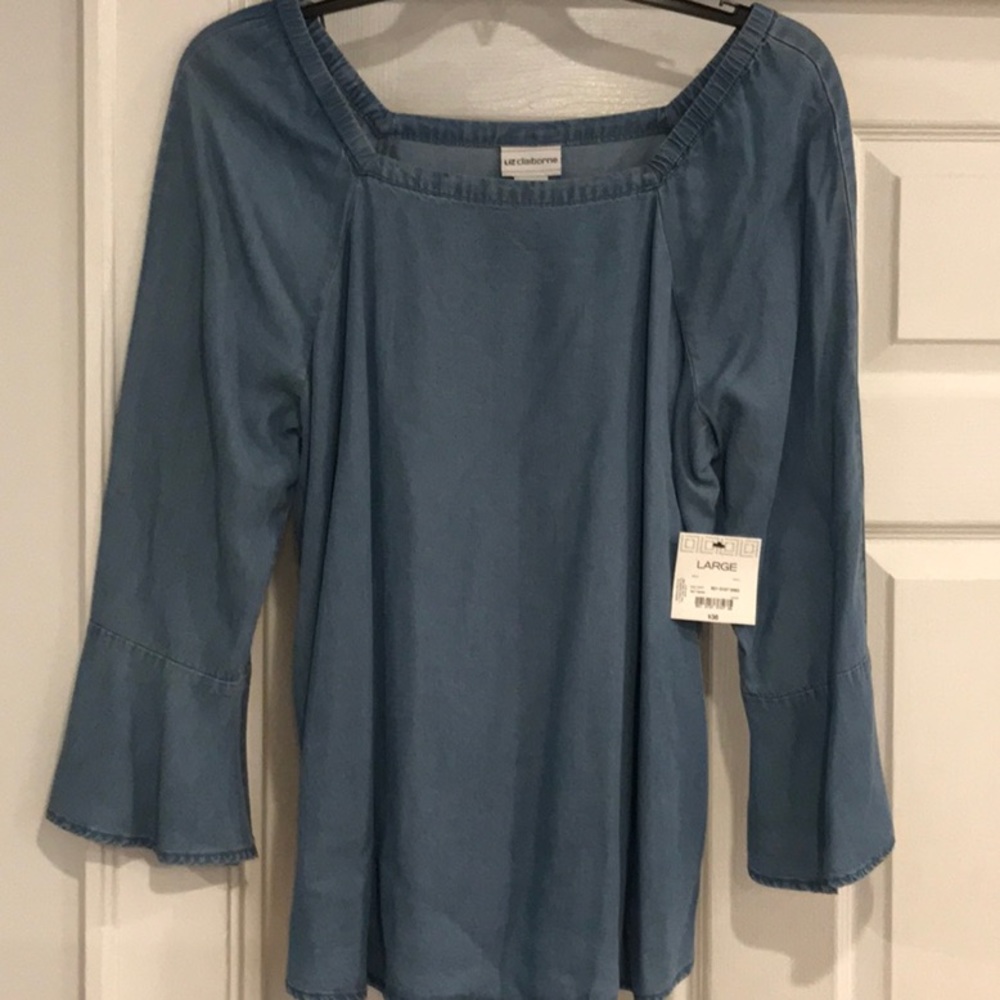 New Liz Claiborne Large Square adjustable Neck soft Jean shirt 3/4 flare sleeve
